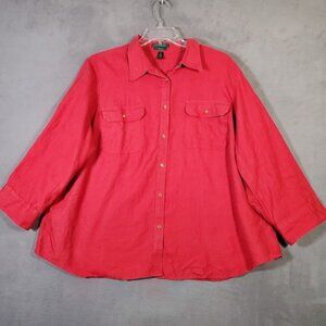 Lauren Ralph Lauren Top Womens 3X Red 100% Linen Button Roll Tab Sleeve Minimal